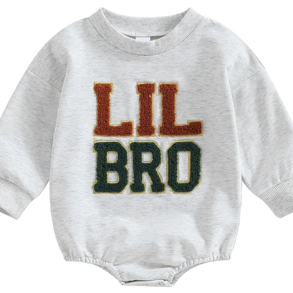 Infant Baby Boy Fall Sweatshirt Jumpsuit Fuzzy Letter Embroidery ' Lil Bro ' - Picture 1 of 2